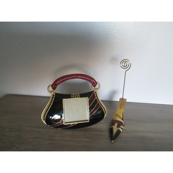 Small Enamel Purse Metal Rhinestone Picture Frame Shoe Holder Set Black Red Gold - Picture 5 of 9